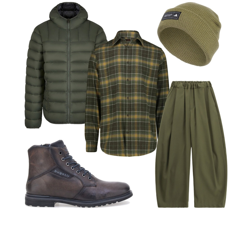 Outfit uomo - Total look #2297761. Stile Trendy per Tutti i giorni. Abbinamento con pantaloni, piumini, berretti, stivali e stivaletti, camicie.