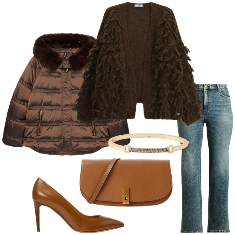 Outfit donna - A cena fuori. Stile Casual chic per Serata fuori. Abbinamento con cardigans, décolleté, clutch, braccialetti, jeans, piumini.