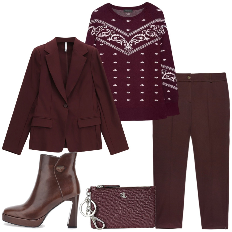 Outfit donna - Total look #2297763. Stile Chic per Ufficio. Abbinamento con blazer, portafogli, stivaletti, maglieria, pantaloni.