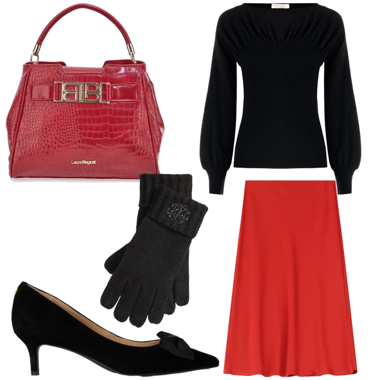 Outfit donna - Rosso: il colore di Dicembre. Stile Chic per Tutti i giorni. Abbinamento con maglieria, gonne longuette, décolleté, guanti, borse a mano.