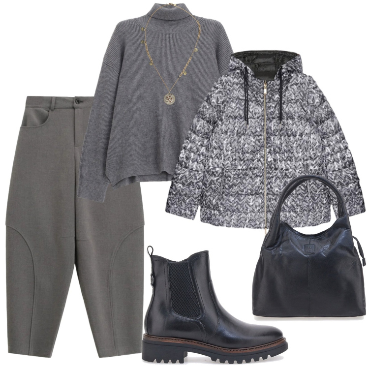 Outfit donna - Maglione morbido. per Tutti i giorni. Abbinamento con maglieria, pantaloni a palazzo, ciondoli, stivaletti chelsea, piumini, borse a mano.