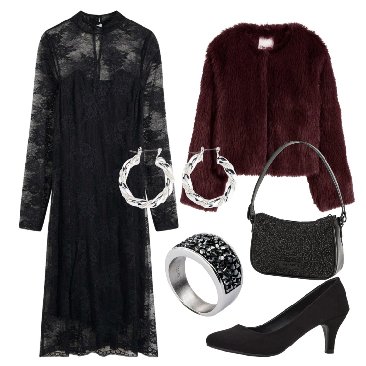 Outfit donna - Black Romance!. Stile Glamour per Serata fuori. Abbinamento con ecopellicce, vestiti, décolleté, orecchini, borse a mano, anelli.