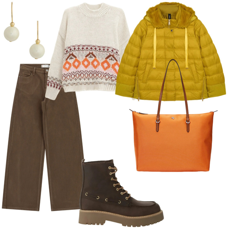 Outfit donna - Colore e morbidezza. per Tutti i giorni. Abbinamento con pantaloni a palazzo, maglieria, stivaletti, borse tote, orecchini, piumini.