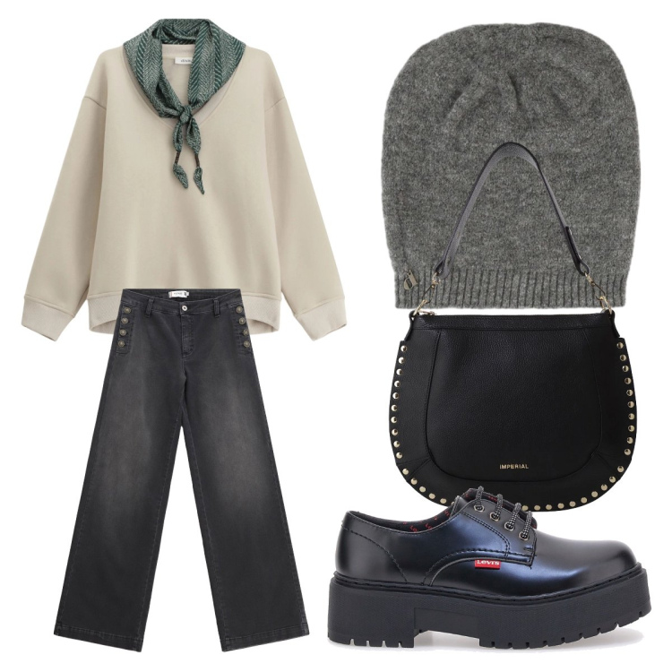 Outfit donna - Martedì di dicembre. Stile Casual per Tutti i giorni. Abbinamento con jeans, borse a spalla, felpe, berretti, francesine.