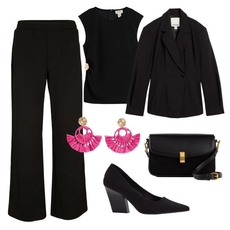 Outfit donna - Bonprix Black Romance part 2. Stile Chic per Serata fuori. Abbinamento con pantaloni a palazzo, top, blazer, décolleté, orecchini, borse a mano.