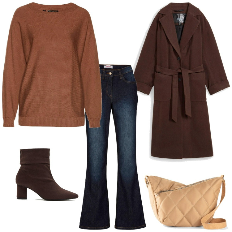 Outfit femme - Marron glacé décembre. Style Bon Ton pour Tous les jours. Assortir avec sacs en bandoulière, jean bootcut, pulls, manteaux, bottines.