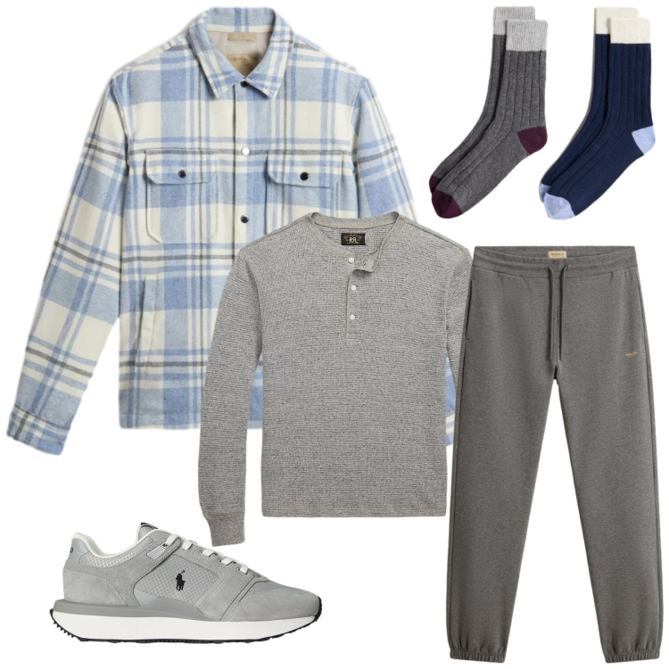 Outfit uomo - Total look #2297793. Stile Urban per Sport. Abbinamento con t-shirt, sneakers, pantaloni, calzini, cappotti.