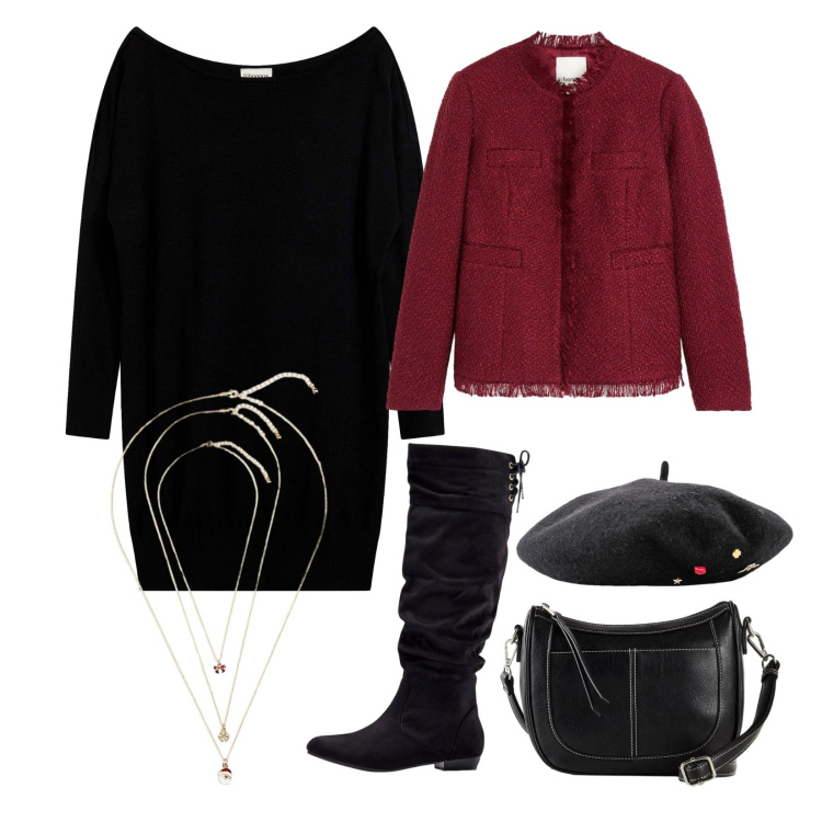 Outfit donna - Periodo delle feste!. Stile Chic per Serata fuori. Abbinamento con cappotti, cappelli e berretti, stivali, vestiti asimmetrici, borse a tracolla, collane.
