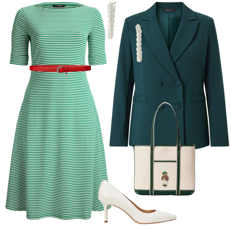 Outfit donna - Brillare in Verde. per Ufficio. Abbinamento con blazer, vestiti, orecchini, décolleté, borse tote, cinture.