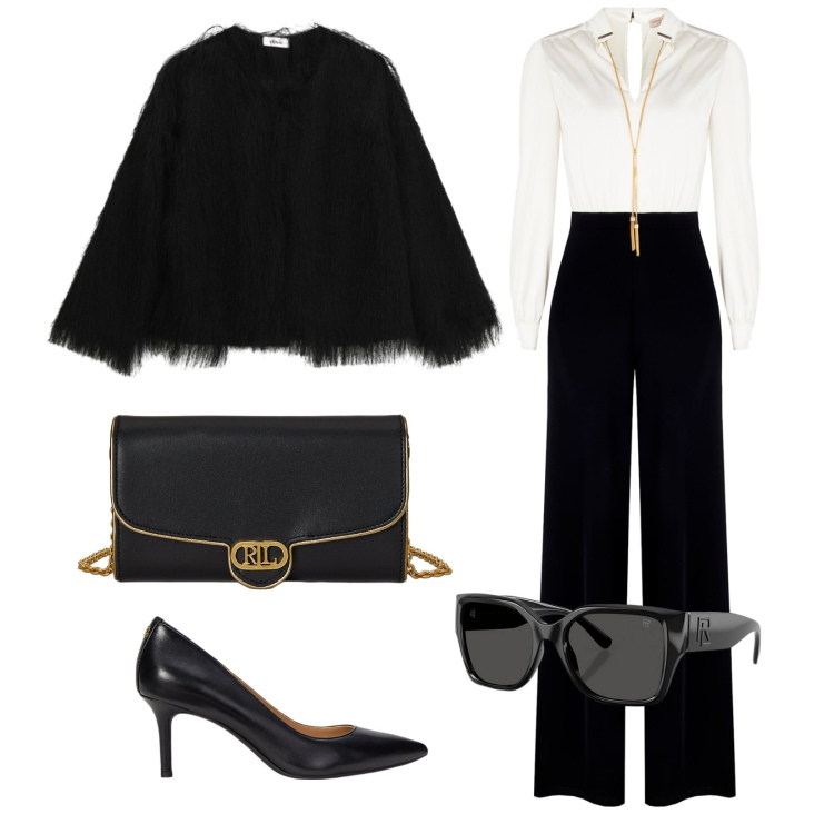Outfit donna - Elegante. Stile Glamour per Cerimonia. Abbinamento con tute, blazer, occhiali da sole, décolleté, borse a tracolla.