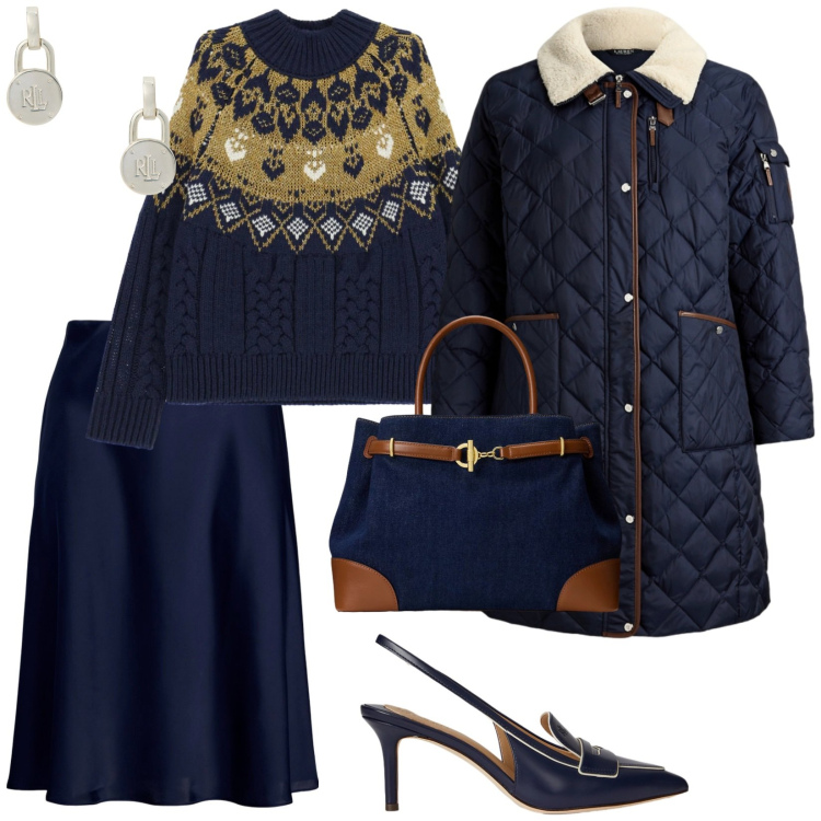 Outfit donna - Brilli in blu. per Tutti i giorni. Abbinamento con maglieria, gonne, orecchini, borse a mano, décolleté, piumini.