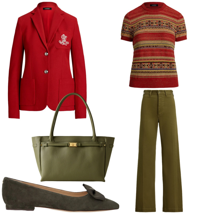 Outfit donna - Dicembre rosso e verde. Stile Casual chic per Ufficio. Abbinamento con shopping bag, ballerine, pantaloni, maglieria, blazer.