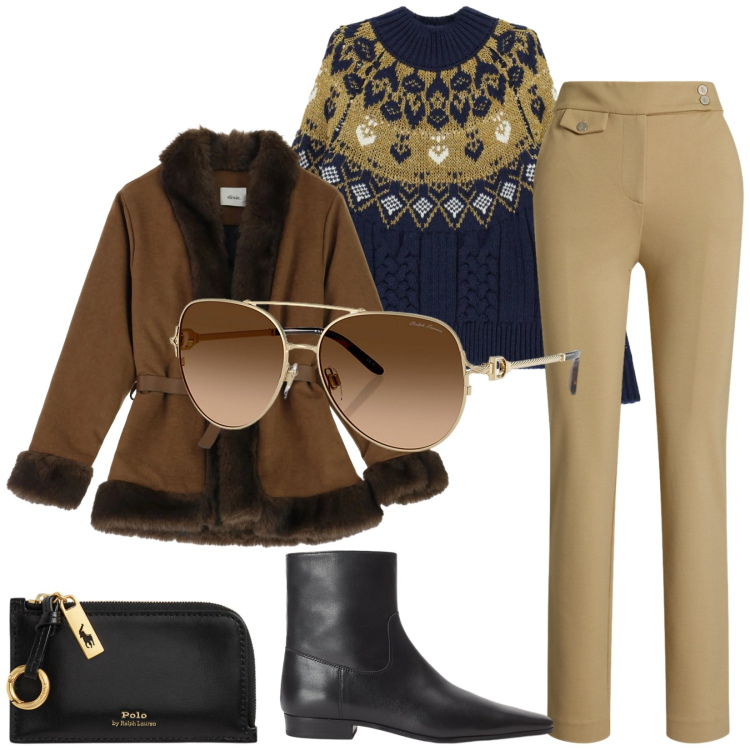 Outfit donna - Total look #2297800. Stile Chic per Ufficio. Abbinamento con maglieria, cinture, occhiali da sole, stivaletti, pantaloni, portafogli.