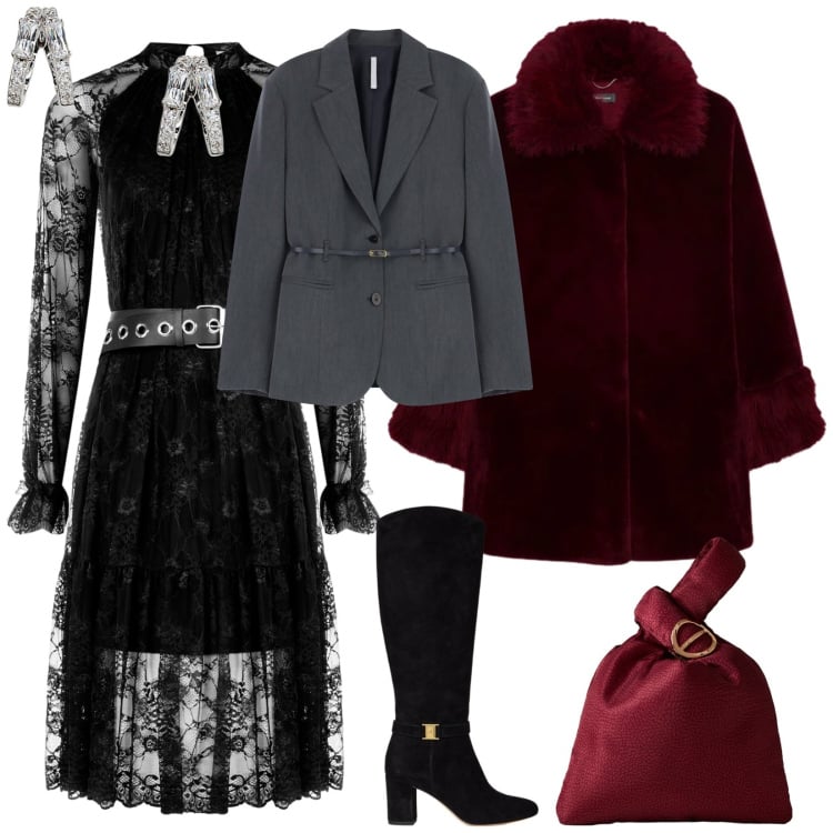 Outfit donna - Capodanno in villa. per Serata fuori. Abbinamento con vestiti midi/longuette, blazer, borse a mano, stivali, orecchini, cappotti.