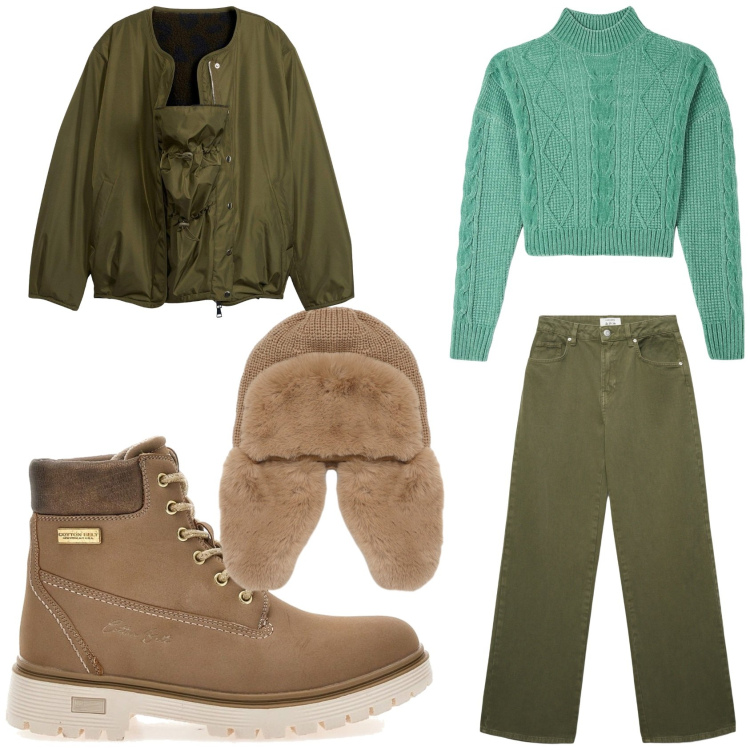 Outfit donna - Trendy sotto la pioggia. Stile Basic per Tutti i giorni. Abbinamento con bomber, maglieria, jeans, berretti, anfibi.