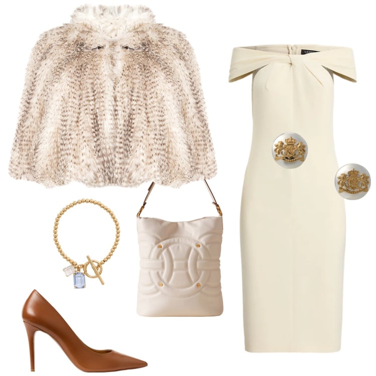 Outfit donna - Appuntamento galante. Stile Chic per Tutti i giorni. Abbinamento con ecopellicce, borse a secchiello, orecchini, vestiti, décolleté, braccialetti.