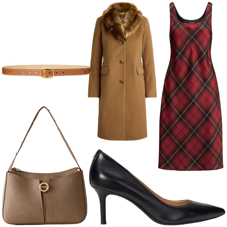 Outfit donna - Scozzese in inverno. Stile Chic per Tutti i giorni. Abbinamento con borse a mano, vestiti senza maniche, décolleté, cappotti, cinture.