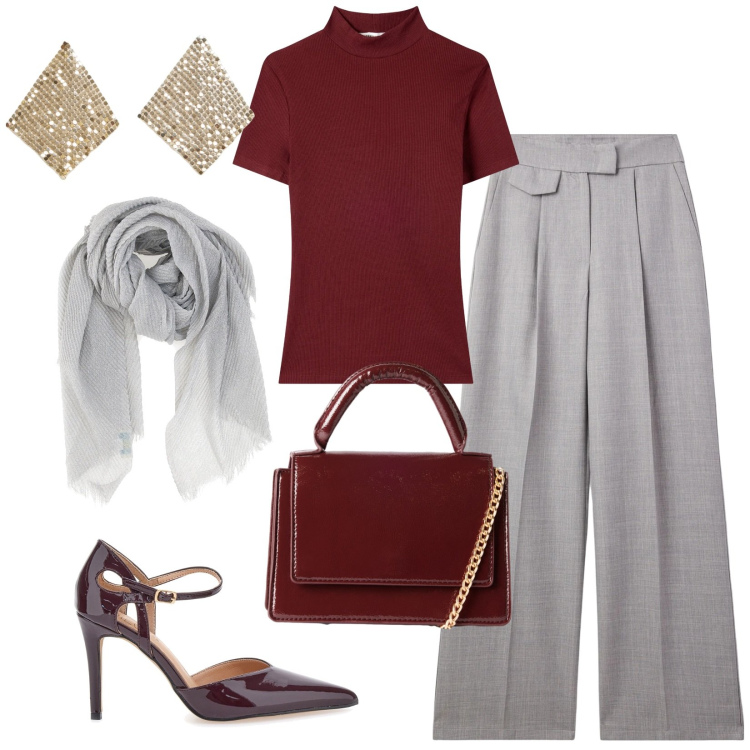 Outfit donna - Xmas Terranova 2025. Stile Chic per Serata fuori. Abbinamento con pantaloni, t-shirt, orecchini, borse a tracolla, décolleté, foulard.