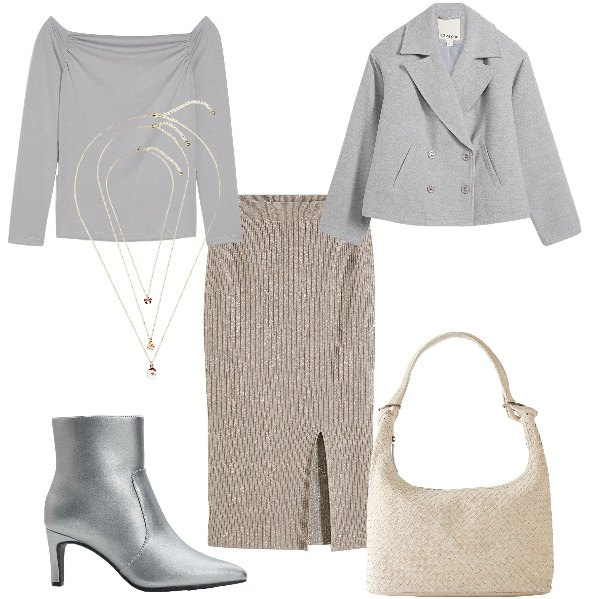 Outfit donna - Total look #2297810. Stile Glamour per Serata fuori. Abbinamento con gonne, caban, stivaletti, maglieria, shopping bag, collane.