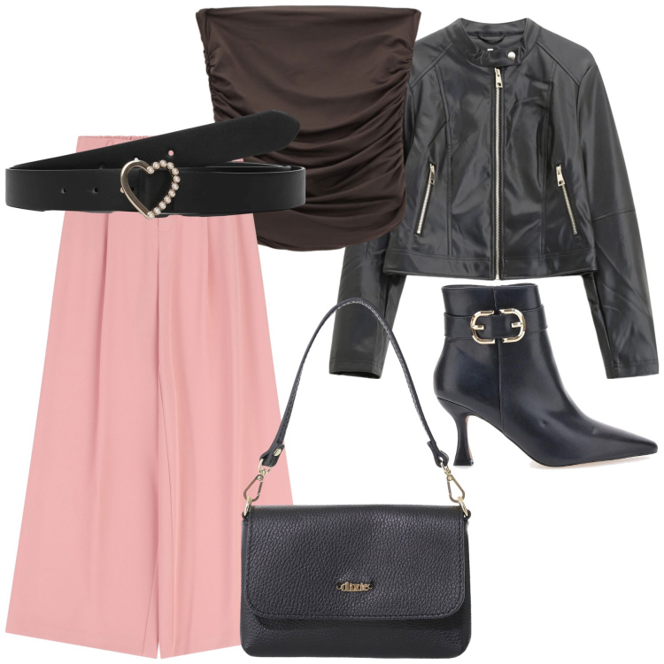 Outfit donna - Pantapalazzo rosa. Stile Glamour per Serata fuori. Abbinamento con cinture, giacche, borse a tracolla, pantaloni a palazzo, top, stivaletti.