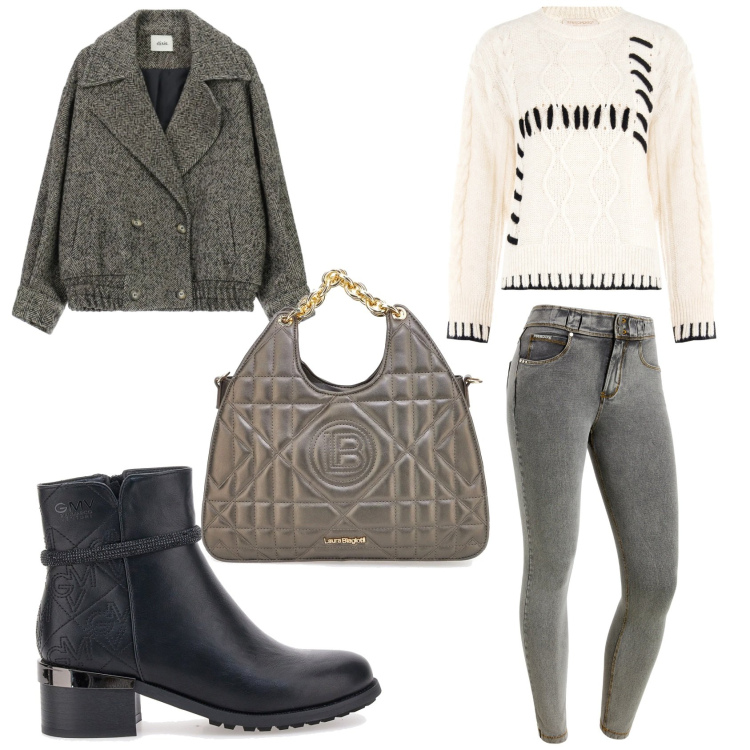 Outfit donna - Shopping in citta\' per Natale. Stile Casual per Tutti i giorni. Abbinamento con maglieria, cappotti, jeans skinny, stivaletti, borse a mano.
