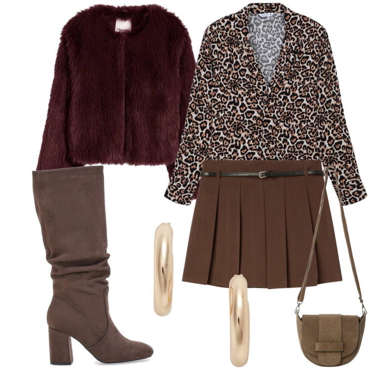 Outfit donna - Total look. Stile Urban per Tutti i giorni. Abbinamento con ecopellicce, minigonne, camicie, borse a tracolla, orecchini, stivali sopra il ginocchio.