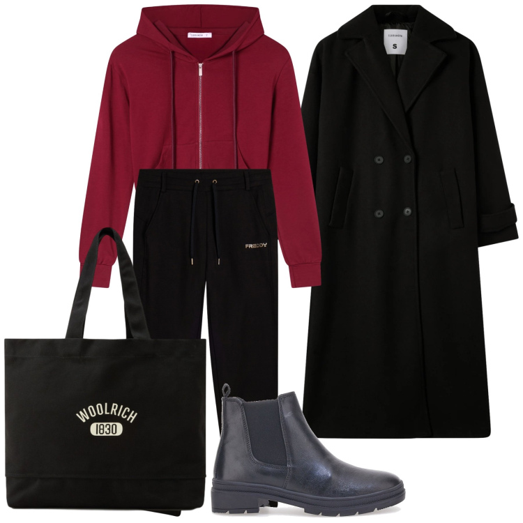 Outfit donna - Cappotto nero sempre perfetto. Stile Sporty chic per Ufficio. Abbinamento con felpe con cappuccio, cappotti, pantaloni, borse tote, stivaletti chelsea.