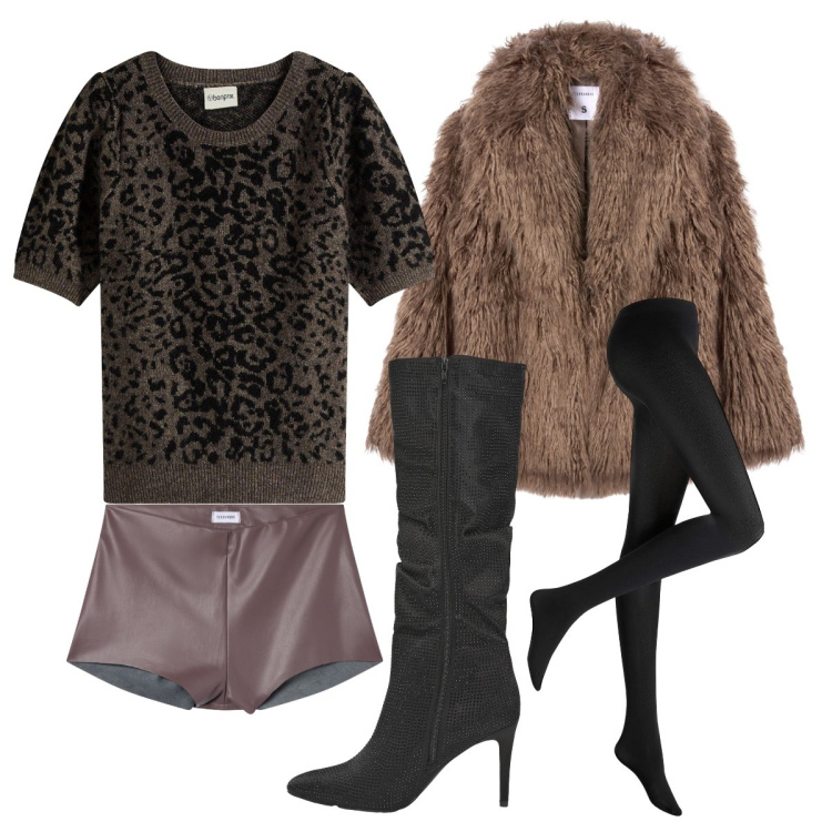 Outfit donna - Venerdì free di dicembre. Stile Glamour per Tutti i giorni. Abbinamento con maglieria, collant, stivali, ecopellicce, shorts.