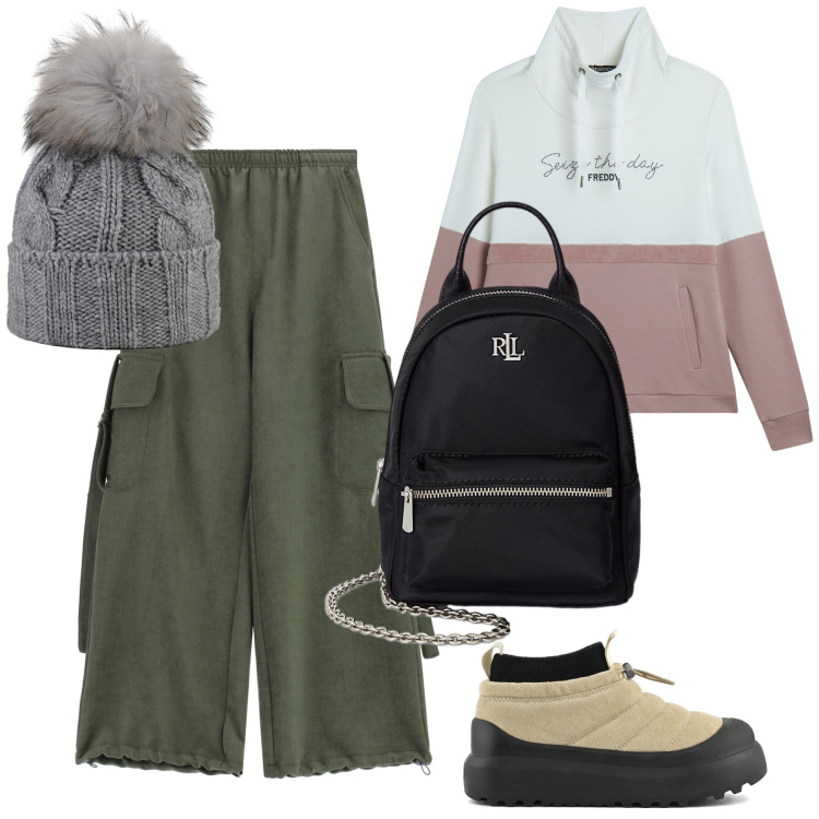 Outfit donna - Comoda in color mix. Stile Casual per Tutti i giorni. Abbinamento con pantaloni a palazzo, felpe, zaini, berretti, stivaletti.