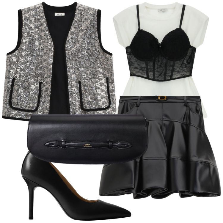 Outfit donna - Serata trendy ma carina. Stile Trendy per Serata fuori. Abbinamento con minigonne, gilet, top, clutch, décolleté.