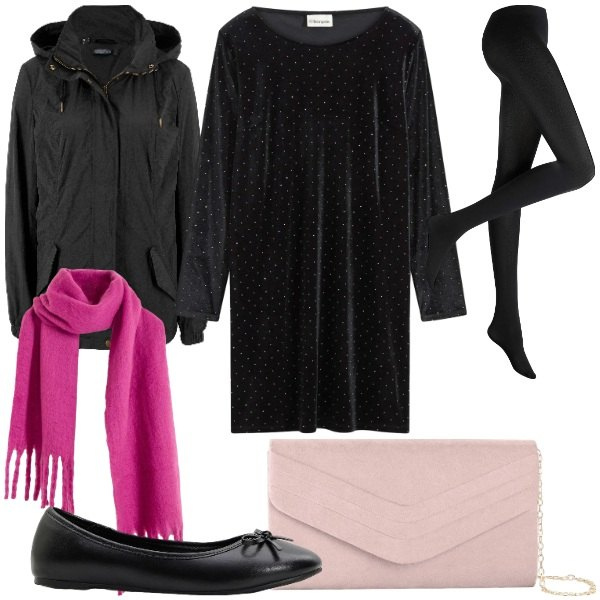 Outfit donna - BLACK ROMANCE PARTY bonprix. Stile Chic per Serata fuori. Abbinamento con vestiti, parka, sciarpe, ballerine, collant, pochette.