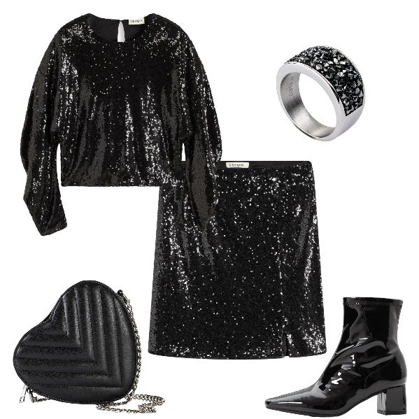 Outfit donna - Total look #2297820. Stile Glamour per Serata fuori. Abbinamento con bluse, minigonne, borse a tracolla, stivaletti, anelli.