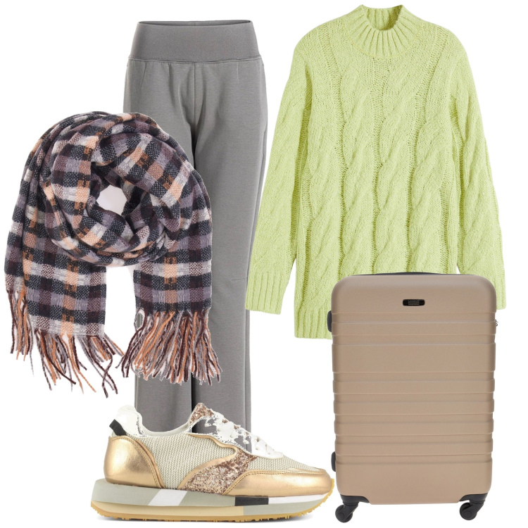 Outfit donna - Maglione verde acido. Stile Casual chic per Tutti i giorni. Abbinamento con maglieria, sciarpe, pantaloni, sneakers, valigie.