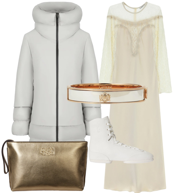 Outfit donna - Serata ad alta quota. Stile Trendy per Serata fuori. Abbinamento con vestiti lunghi, braccialetti, pochette, stivaletti, piumini.