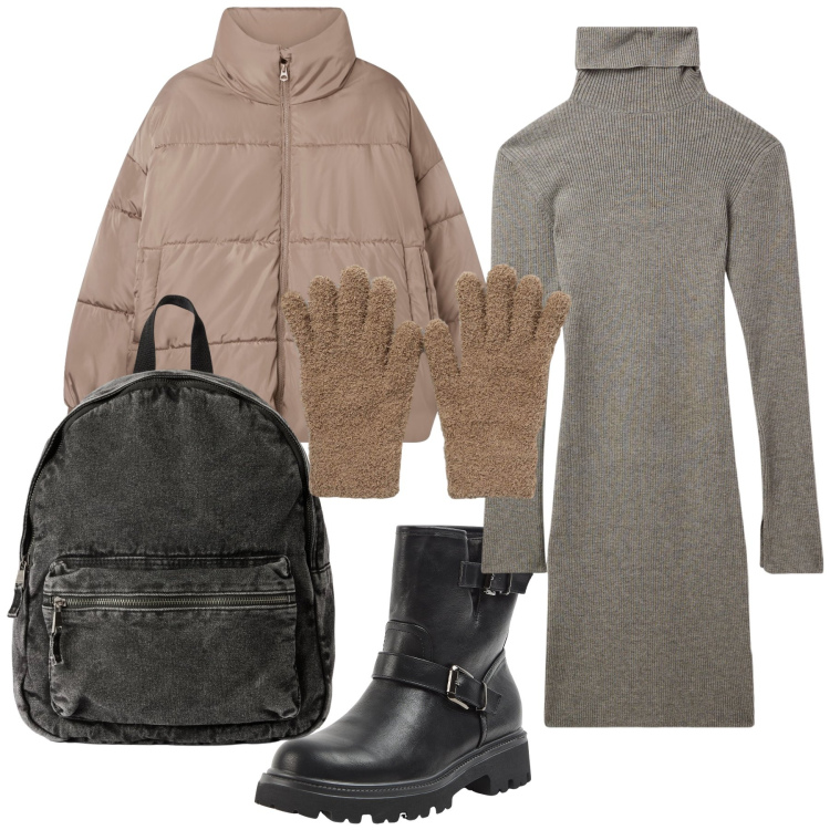 Outfit donna - Caldissima Terranova. Stile Casual chic per Tutti i giorni. Abbinamento con vestiti corti, stivaletti, zaini, bomber, guanti.