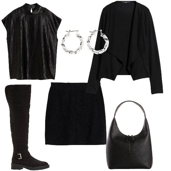 Outfit donna - Total look #2297825. Stile Sexy per Serata fuori. Abbinamento con orecchini, blazer, shopping bag, top, stivali sopra il ginocchio, minigonne.