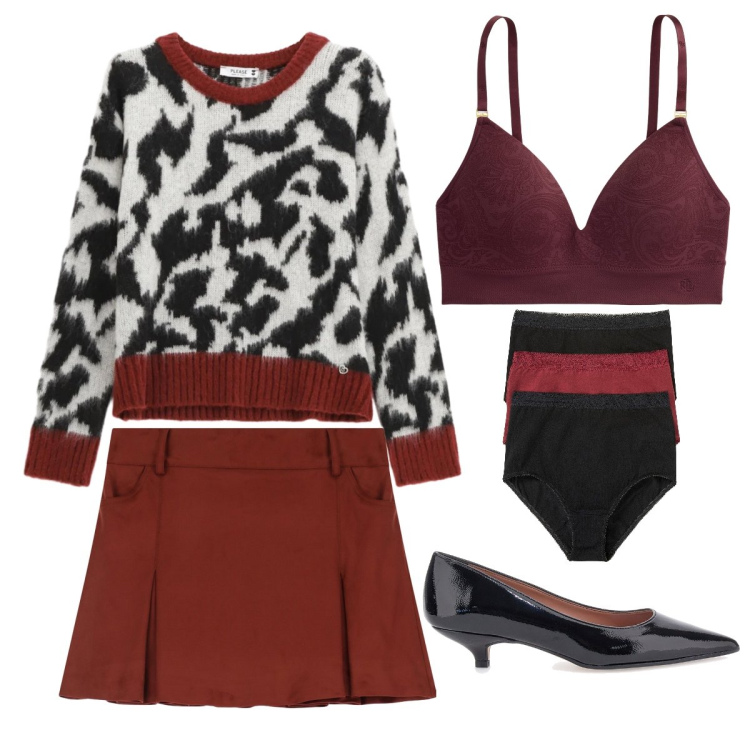 Outfit donna - Giovedì di dicembre. Stile Mannish per Tutti i giorni. Abbinamento con culotte, pullovers, minigonne, reggiseni, décolleté.