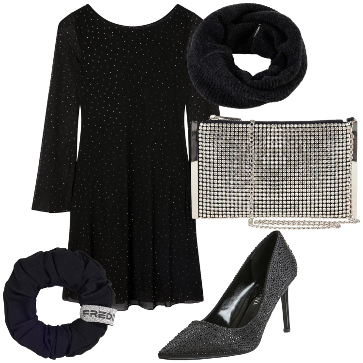 Outfit donna - Sparkling black. Stile Glamour per Serata fuori. Abbinamento con vestiti corti, décolleté, pochette, accessori per capelli, scaldacollo.