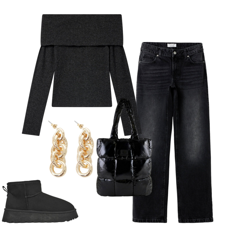 Outfit donna - Total look #2297829. Stile Casual chic per Tutti i giorni. Abbinamento con jeans, maglieria, stivaletti, orecchini, shopping bag.