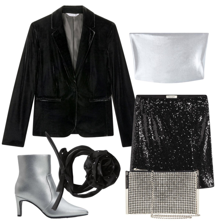 Outfit donna - Total look #2297830. Stile Glamour per Serata fuori. Abbinamento con stivaletti, minigonne, pochette, collane, top, blazer.