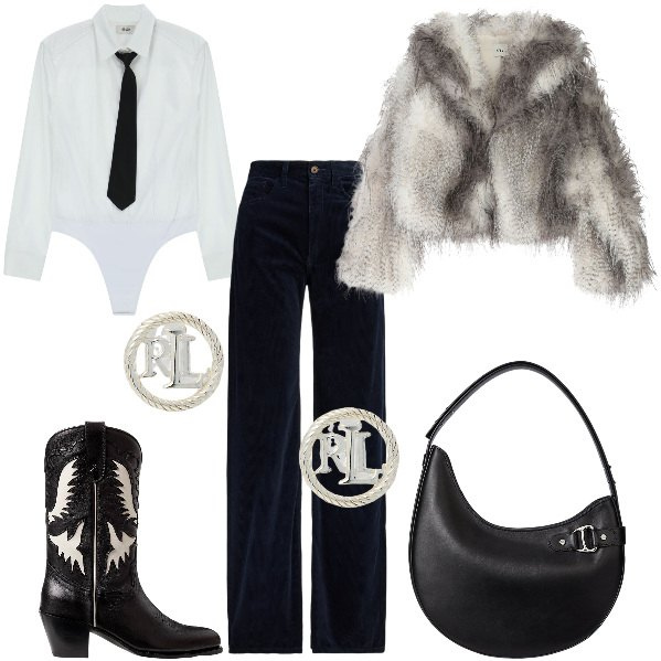 Outfit donna - Total look #2297831. Stile Mannish per Serata fuori. Abbinamento con camicie, blazer, orecchini, stivali, pantaloni, borse a spalla.