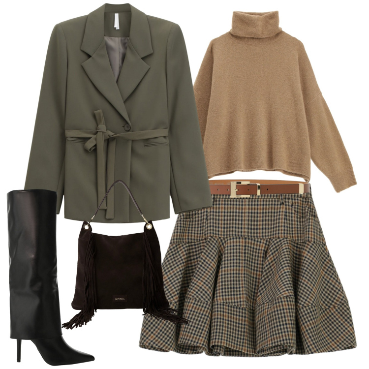 Outfit donna - City. Stile Urban per Tutti i giorni. Abbinamento con maglieria, blazer, borse a spalla, stivali, minigonne, cinture.