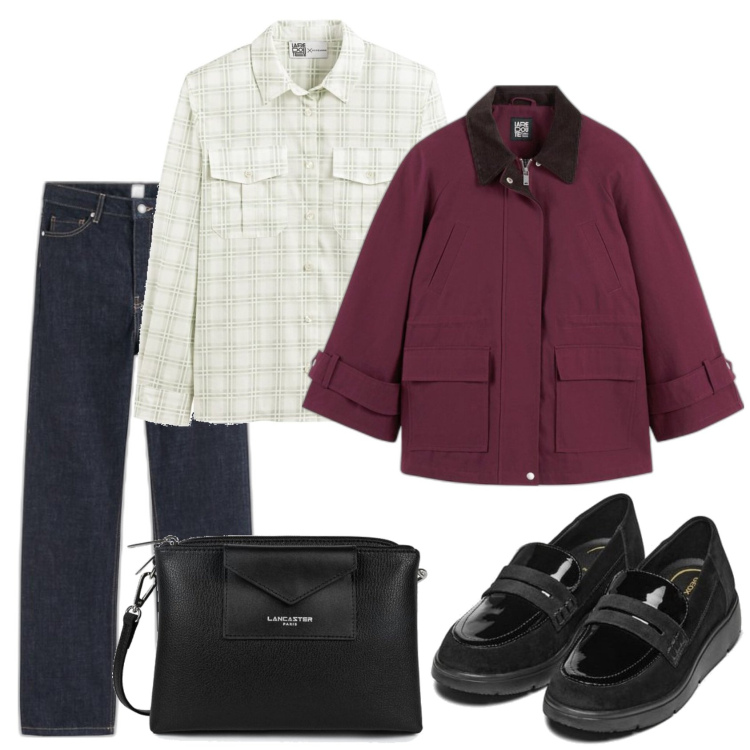 Outfit mujer - Bon ton look. Estilo Bon Ton para Todos los días. Combinación con bandoleras, camisas, vaqueros rectos, mocasines, parka.