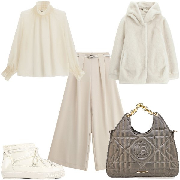 Outfit donna - Total look #2297839. Stile Casual chic per Tutti i giorni. Abbinamento con pantaloni a palazzo, ecopellicce, camicie, stivali da neve, borse a mano.
