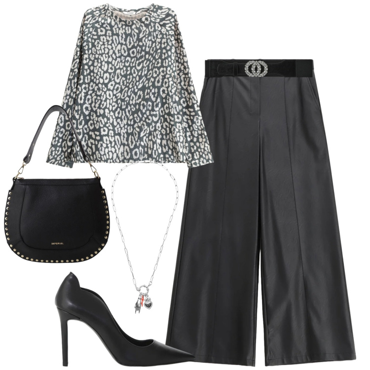 Outfit donna - La maglia qnimqlier. Stile Urban per Tutti i giorni. Abbinamento con pantaloni, maglieria, cinture, borse a spalla, ciondoli, décolleté.