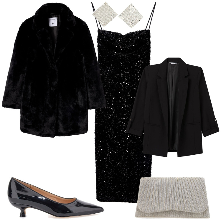 Outfit donna - Festività serata evento speciale. Stile Glamour per Serata fuori. Abbinamento con vestiti lunghi, blazer, cappotti, orecchini, décolleté, clutch.