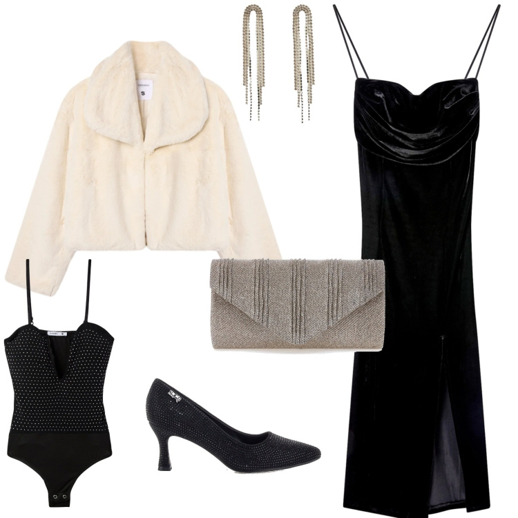 Outfit donna - Glamour serata evento speciale. Stile Glamour per Serata fuori. Abbinamento con body, vestiti lunghi, orecchini, ecopellicce, clutch, décolleté.