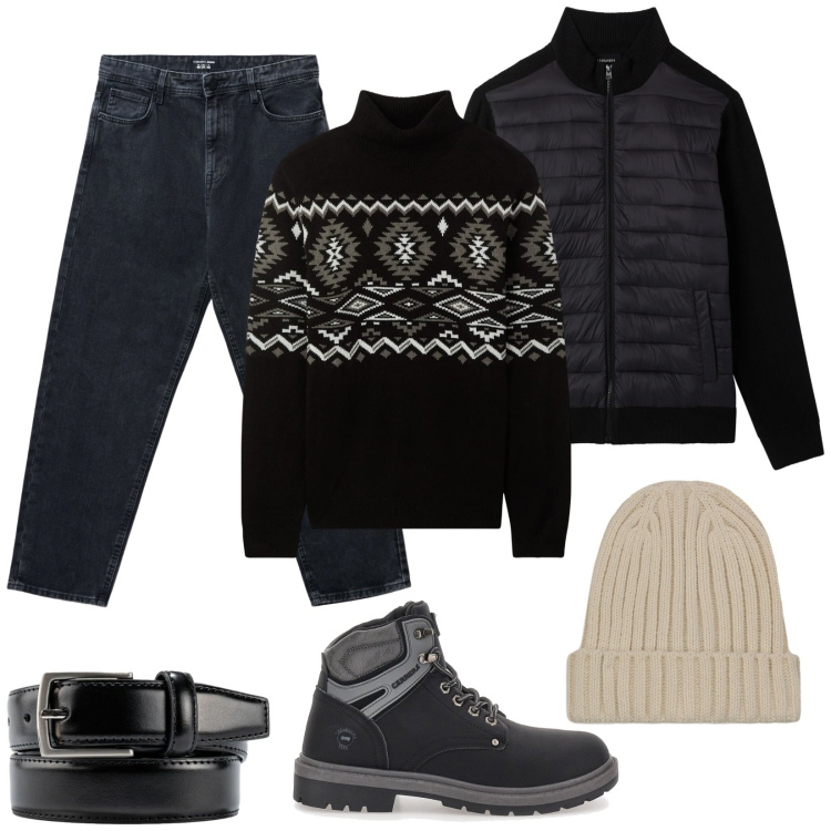 Outfit uomo - Maglione a fantasia. Stile Casual per Tutti i giorni. Abbinamento con maglieria, jeans, piumini, berretti, cinture, anfibi.