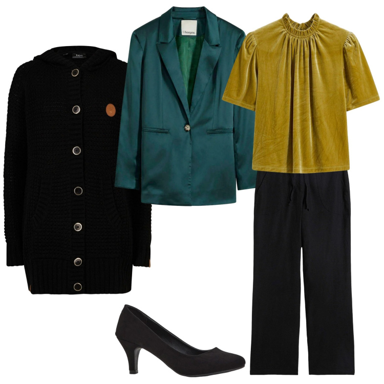 Outfit donna - Verde romantico. Stile Casual chic per Serata fuori. Abbinamento con cardigans, pantaloni a palazzo, maglieria, décolleté, blazer.