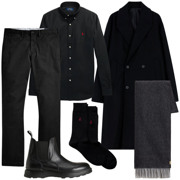 Outfit uomo - Interamente nero. Stile Business/Elegante per Serata speciale. Abbinamento con cappotti, camicie, pantaloni, calzini, stivali e stivaletti, sciarpe.